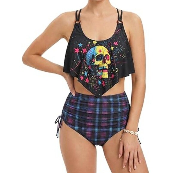 Rosegalette Other - Women's Colorful Skull Stars Plaid Printed Tankini 12-14
